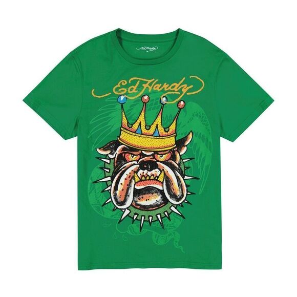 NWT Ed Hardy Rhinestone King Bulldog Green Tee Men's XL - Picture 1 of 11
